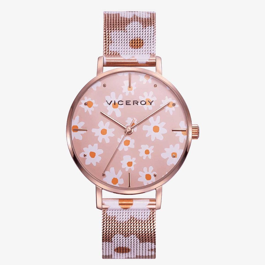 Relojes Viceroy | Reloj Viceroy Kiss, Tres Agujas, Brazalete Malla Acero Oro Rosa, Esfera Rosa Flores