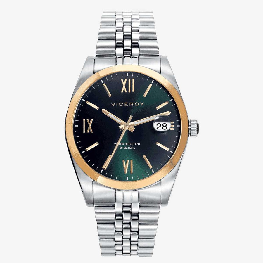 Relojes Viceroy | Reloj Viceroy Chic Hombre, Brazalete Acero Plateado, Esfera Verde, Bisel Dorado