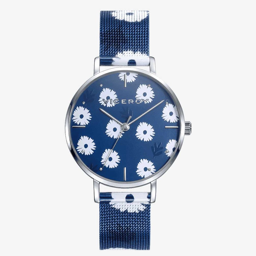 Relojes Viceroy | Reloj Viceroy Kiss, Tres Agujas, Brazalete Malla Acero Azul, Esfera Azul Flores