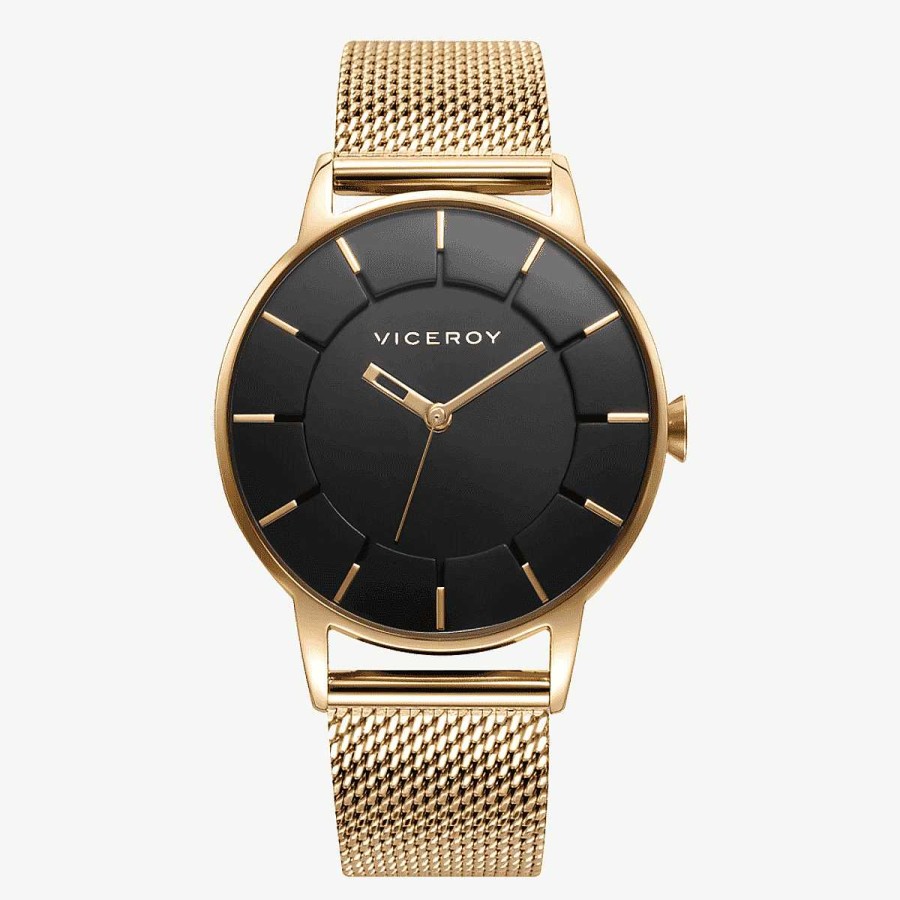 Relojes Viceroy | Reloj Viceroy Kiss, Tres Agujas, Brazalete Malla Acero Dorado, Esfera Negra