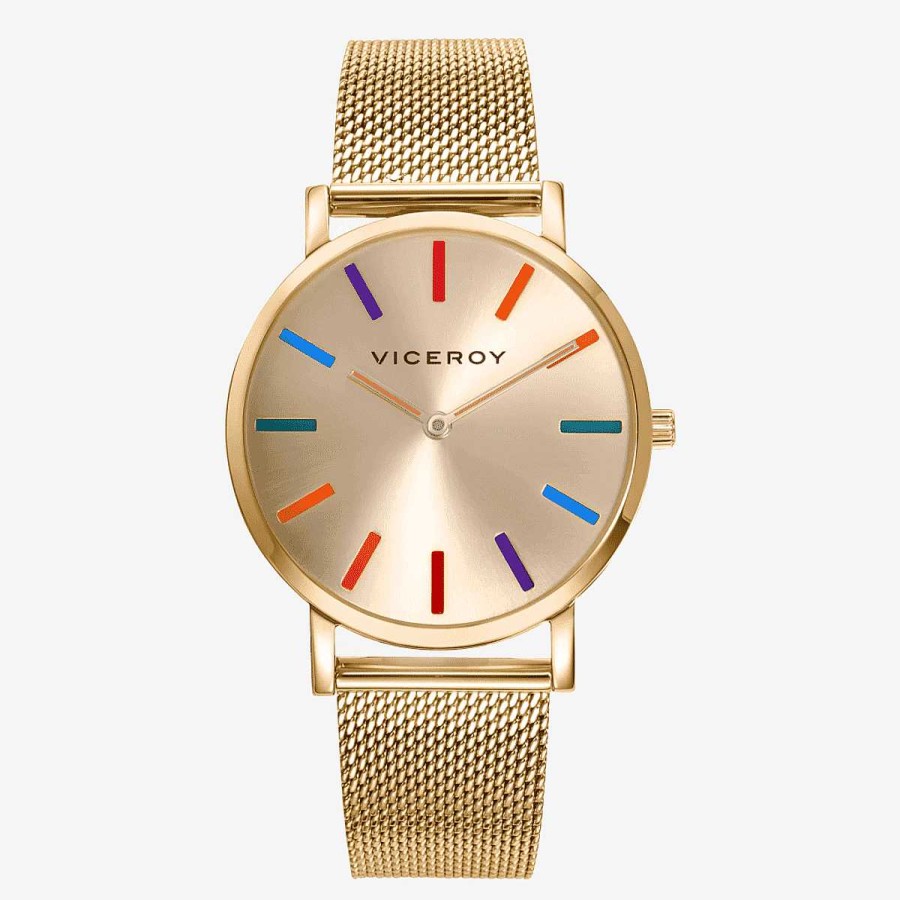 Relojes Viceroy | Reloj Viceroy Kiss, Brazalete Malla Acero Dorado, Esfera Dorada, Indicadores Colores